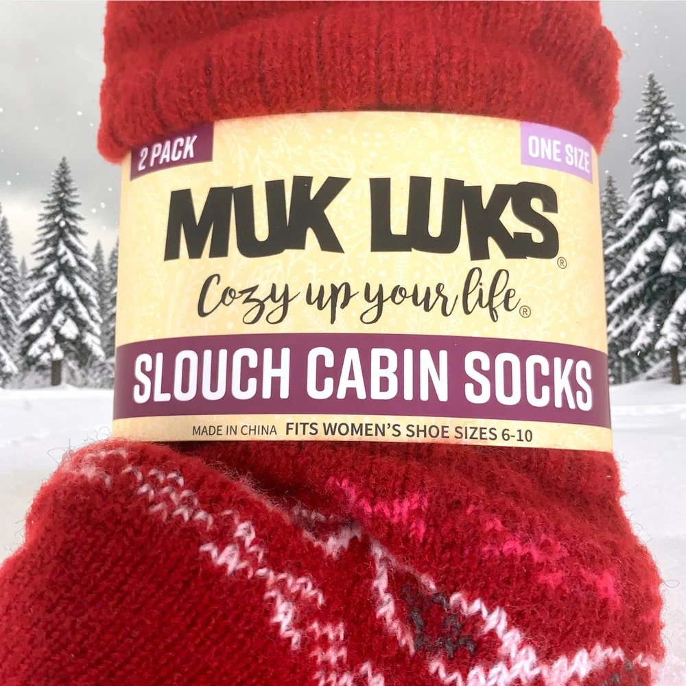 NEW MUK LUKS Cabin Socks Fair Isle Red Gray Non Skid Women's Sz 6-10 NWT